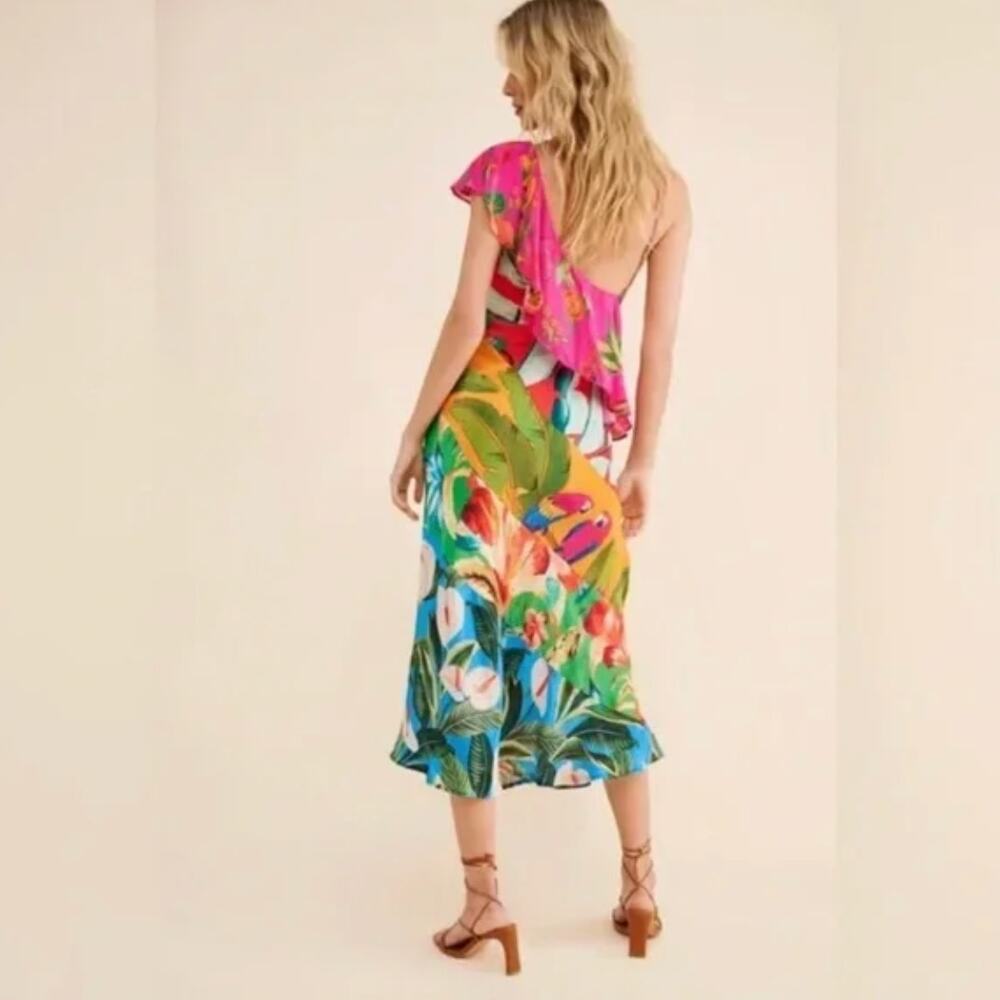 FARM RIO Mixed Flowery Ruffle One Strap Midi Dress Size L - Picture 2 of 10